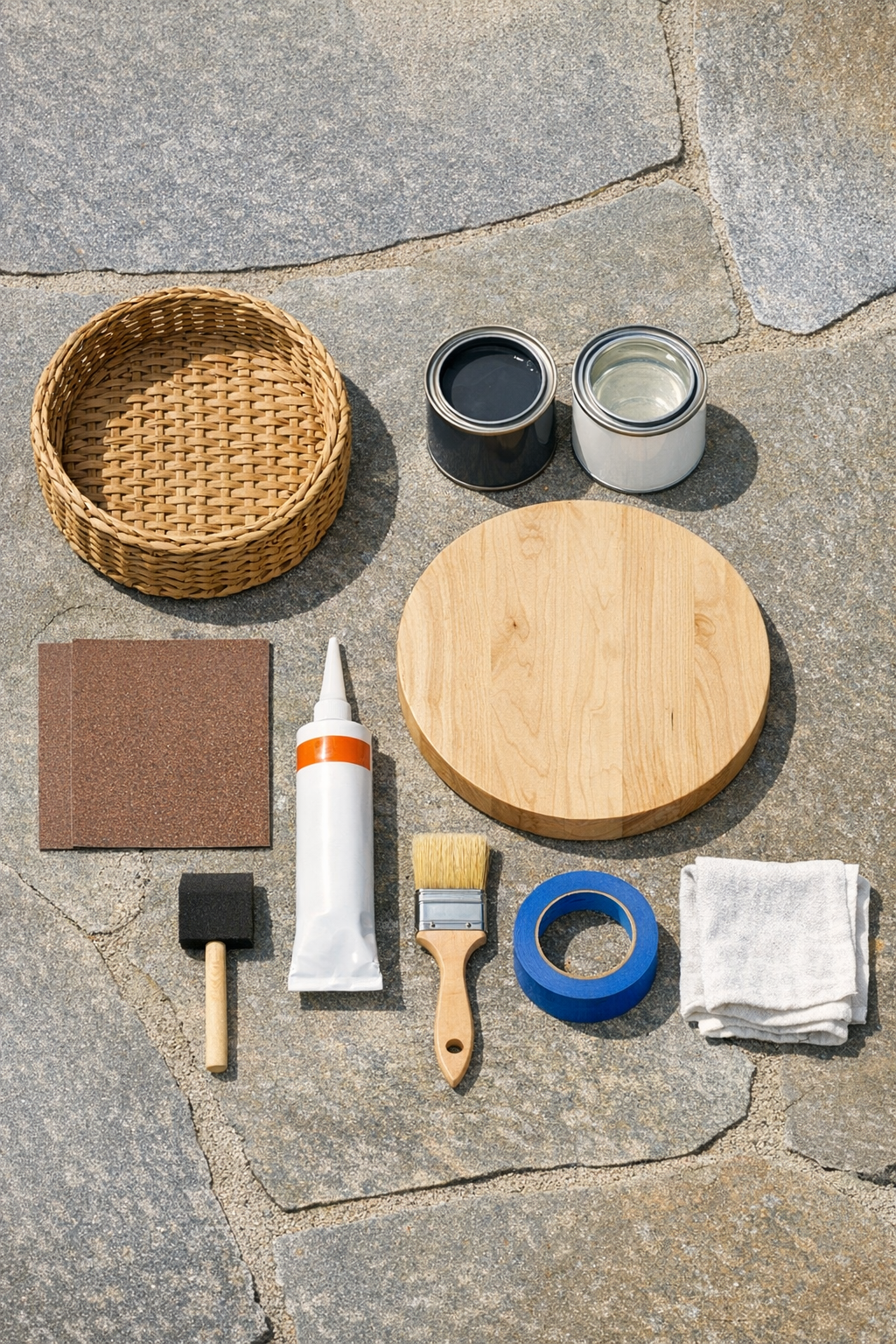 Materials for a wicker basket side table laid out together