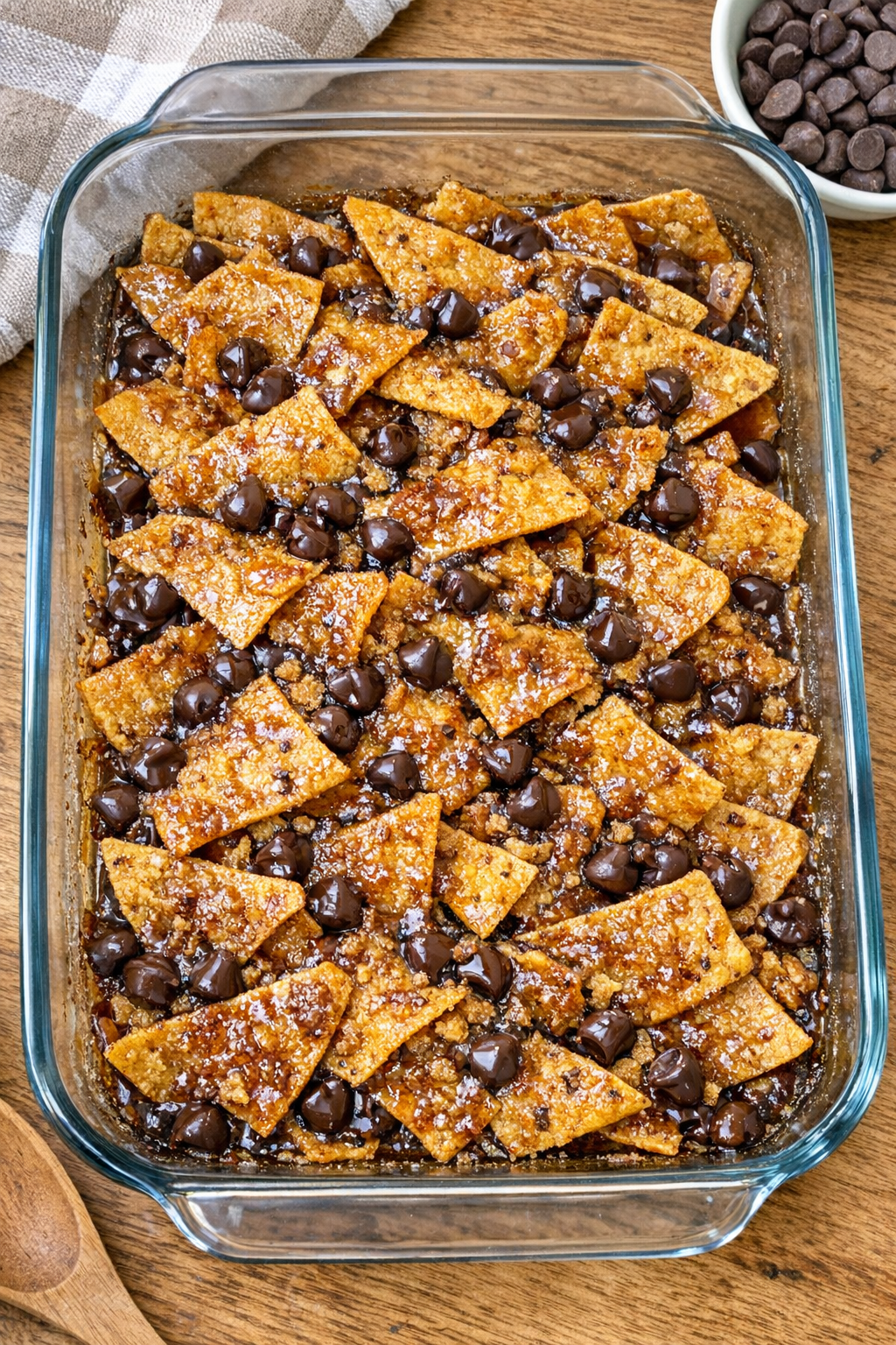 Finished baked corn chip dessert in a glass baking dish