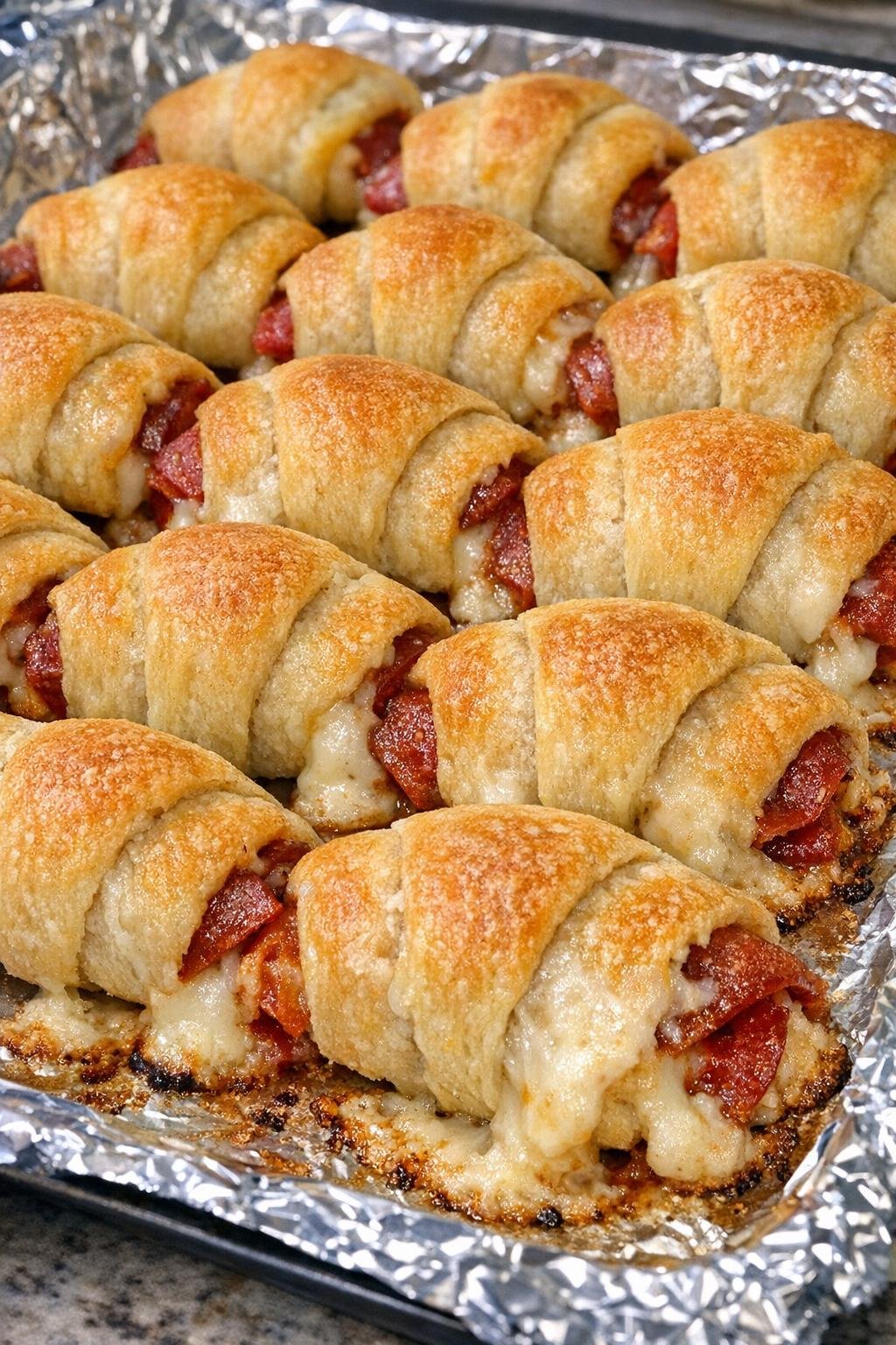 Golden crescent pastry bites on a foil-lined tray