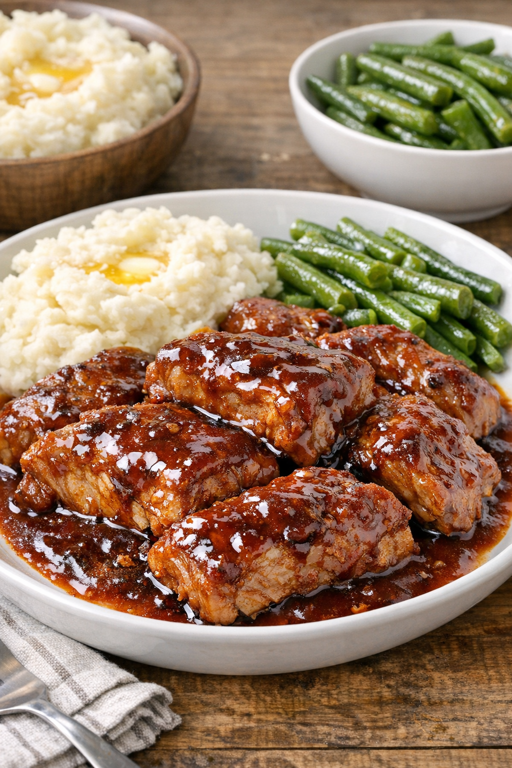 Finished slow cooker country-style pork ribs plated with sauce