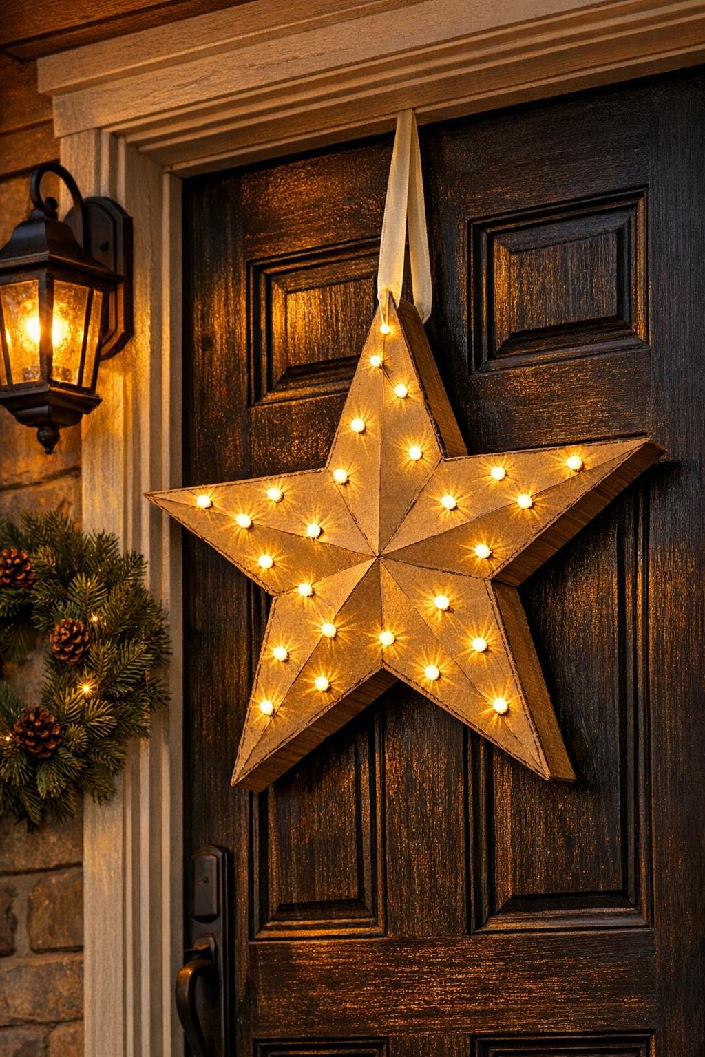 Finished light-up star hanging on a front door