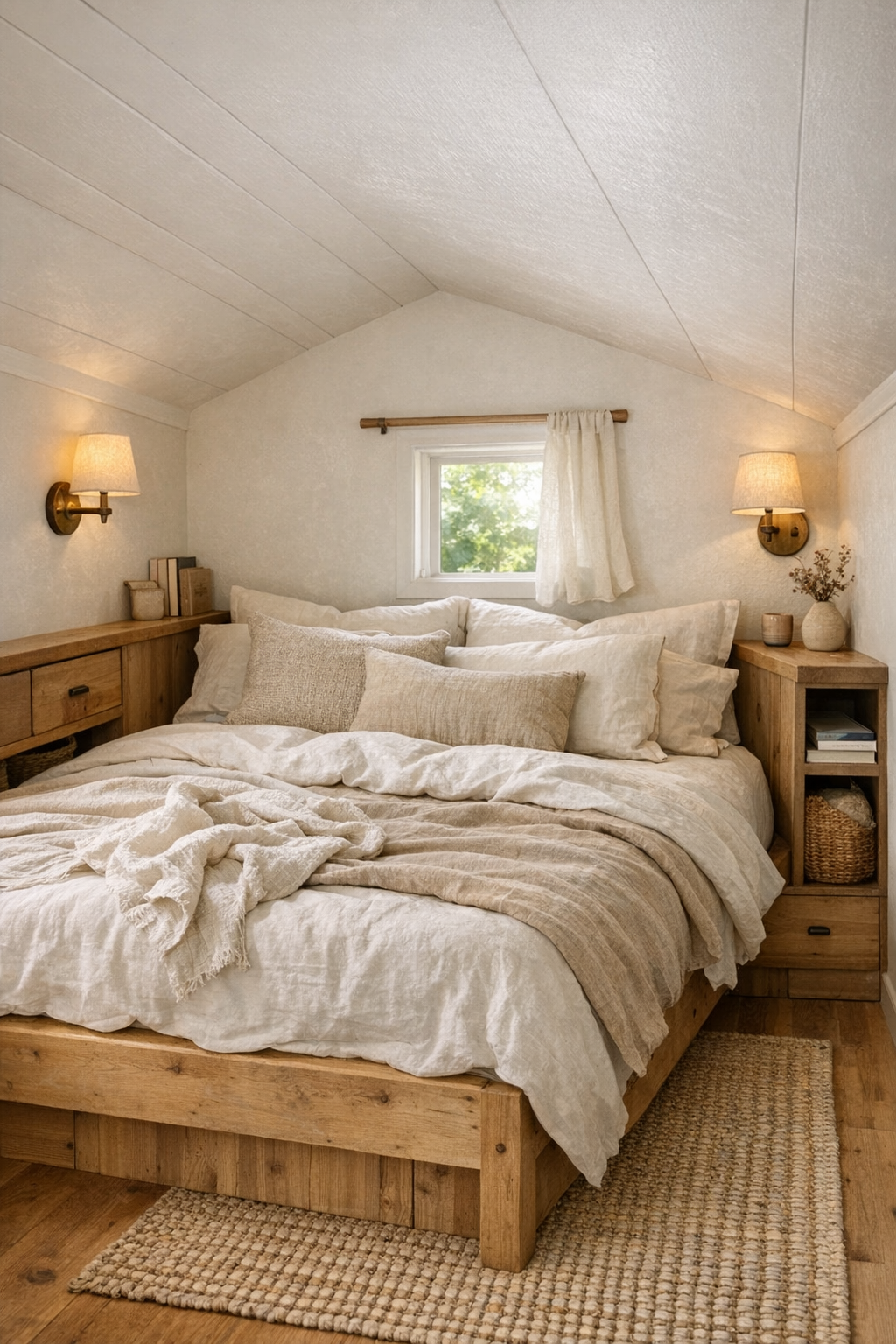Peaceful tiny home bedroom with natural wood bed, linen bedding, and sloped ceiling