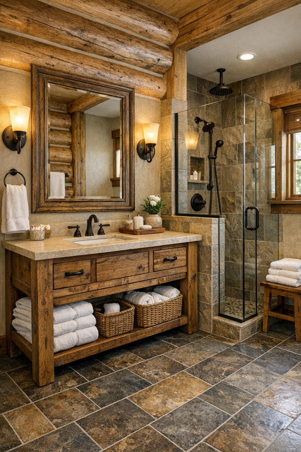 Bright rustic bathroom with wood vanity, stone surfaces, and walk-in shower