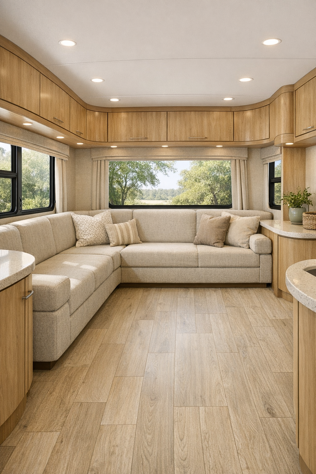 Accessible RV living room with neutral seating and pale wood finishes