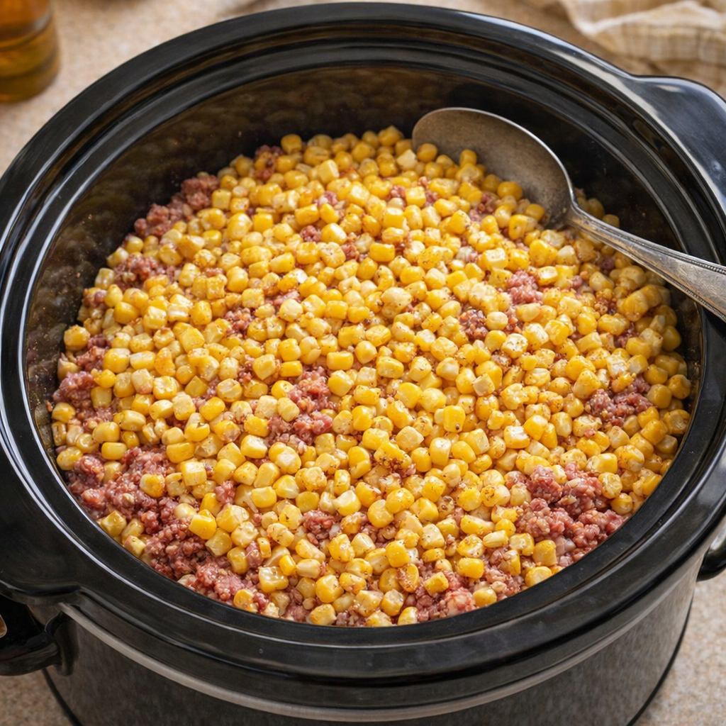 Corn layered over seasoned beef in the slow cooker