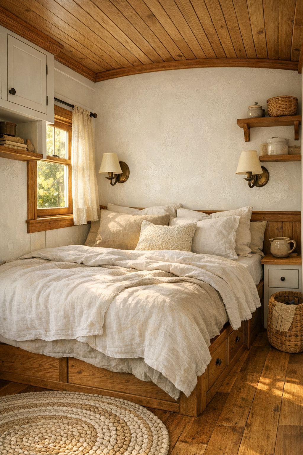 Peaceful tiny home bedroom with layered linens, built-in storage, and soft natural light