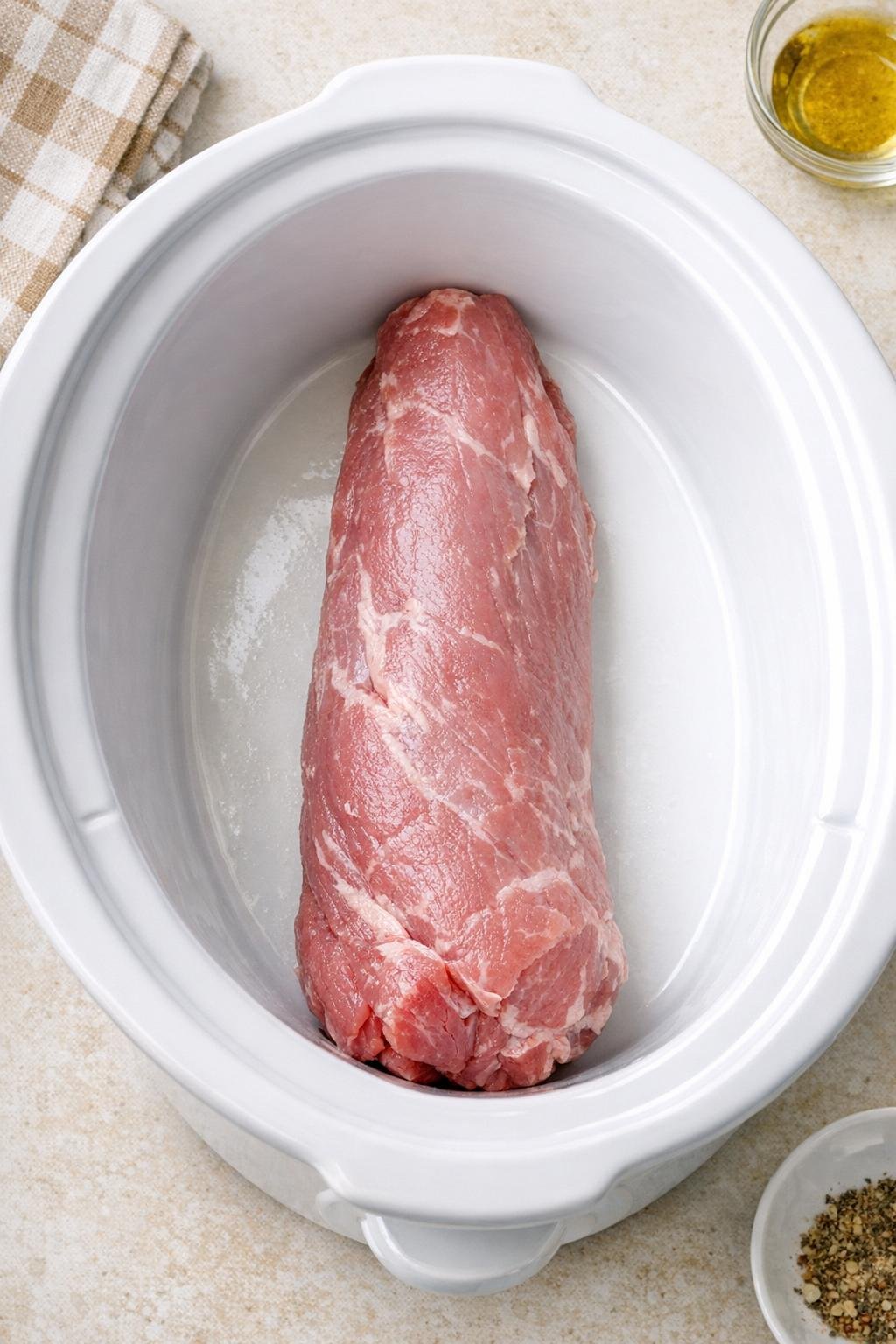 Hele varkenshaas in de slowcooker geplaatst