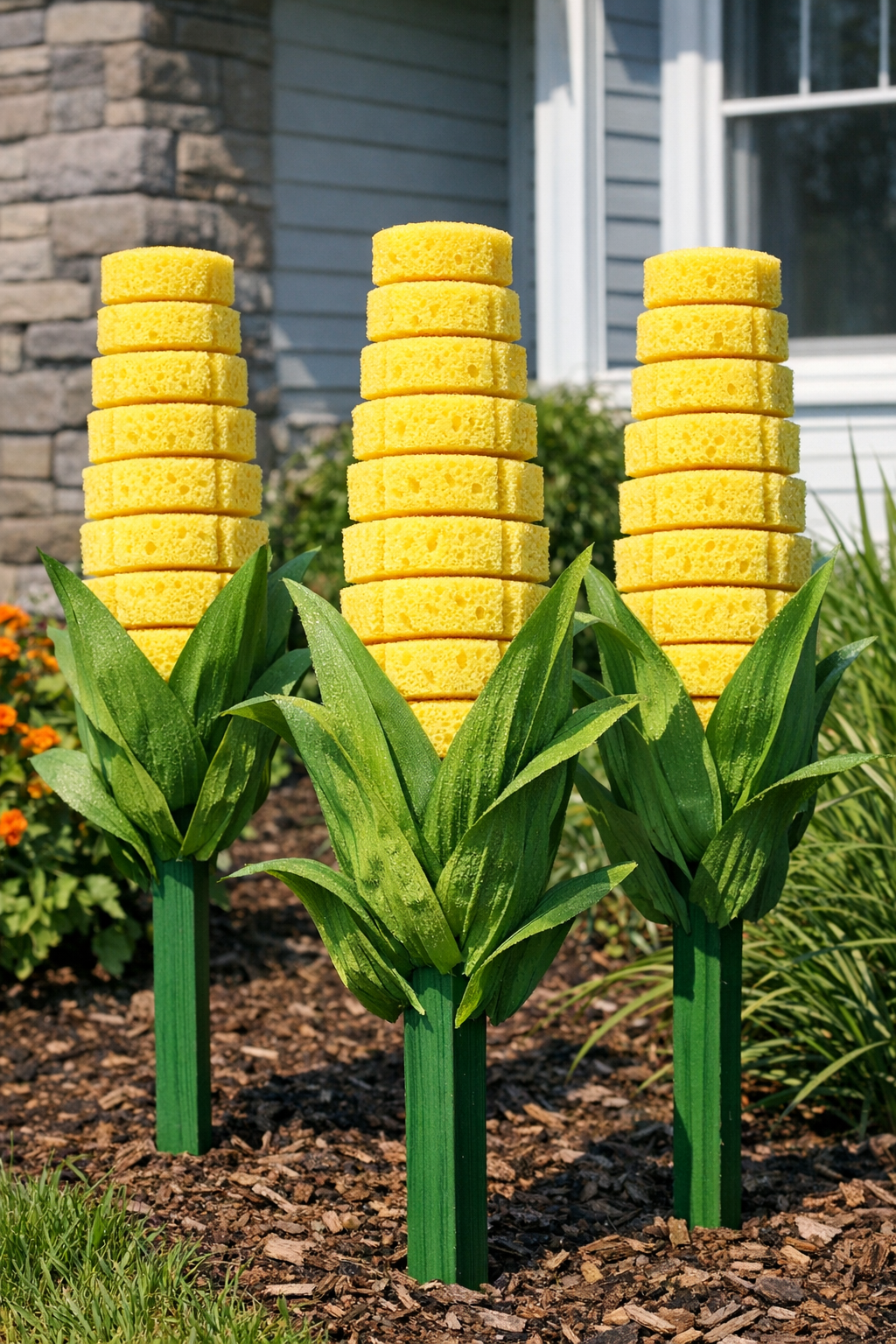 Finished giant sponge corn stalks displayed in a front yard