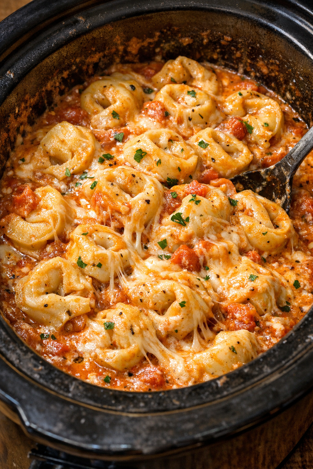 Melted cheesy tortellini in slow cooker