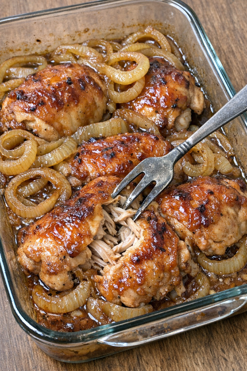 Juicy honey-glazed chicken thighs with caramelized onion rings in a baking dish