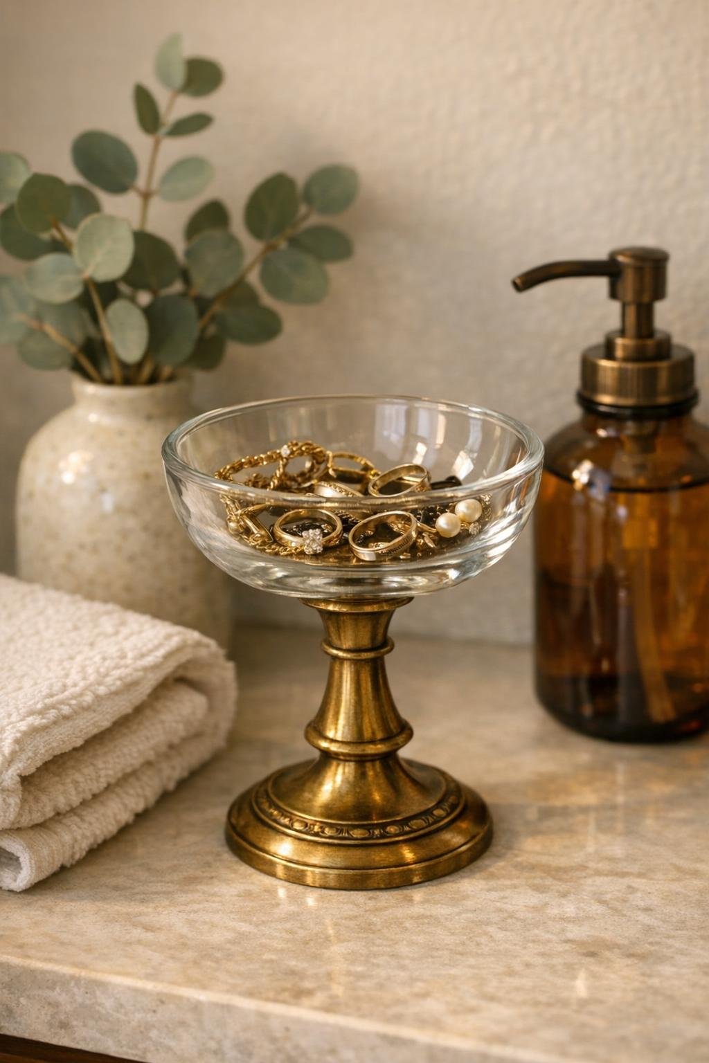 Finished bathroom jewelry dish made from a glass dessert bowl and brass candlestick holder on a vanity