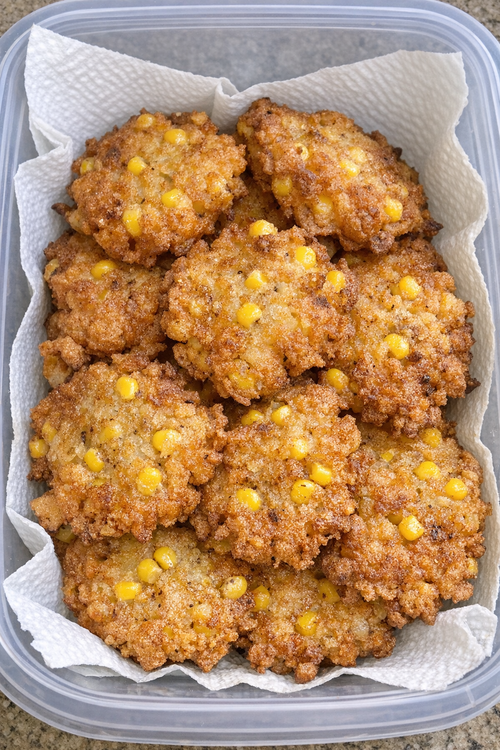 3-ingredient corn fritters in a paper towel lined container