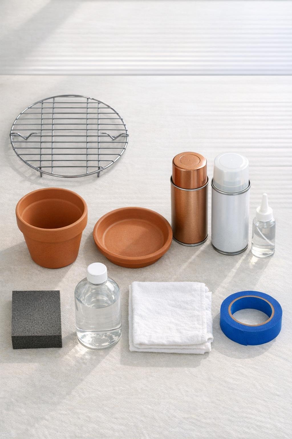 Materials for a fruit bowl made from a cooling rack and terra cotta pot