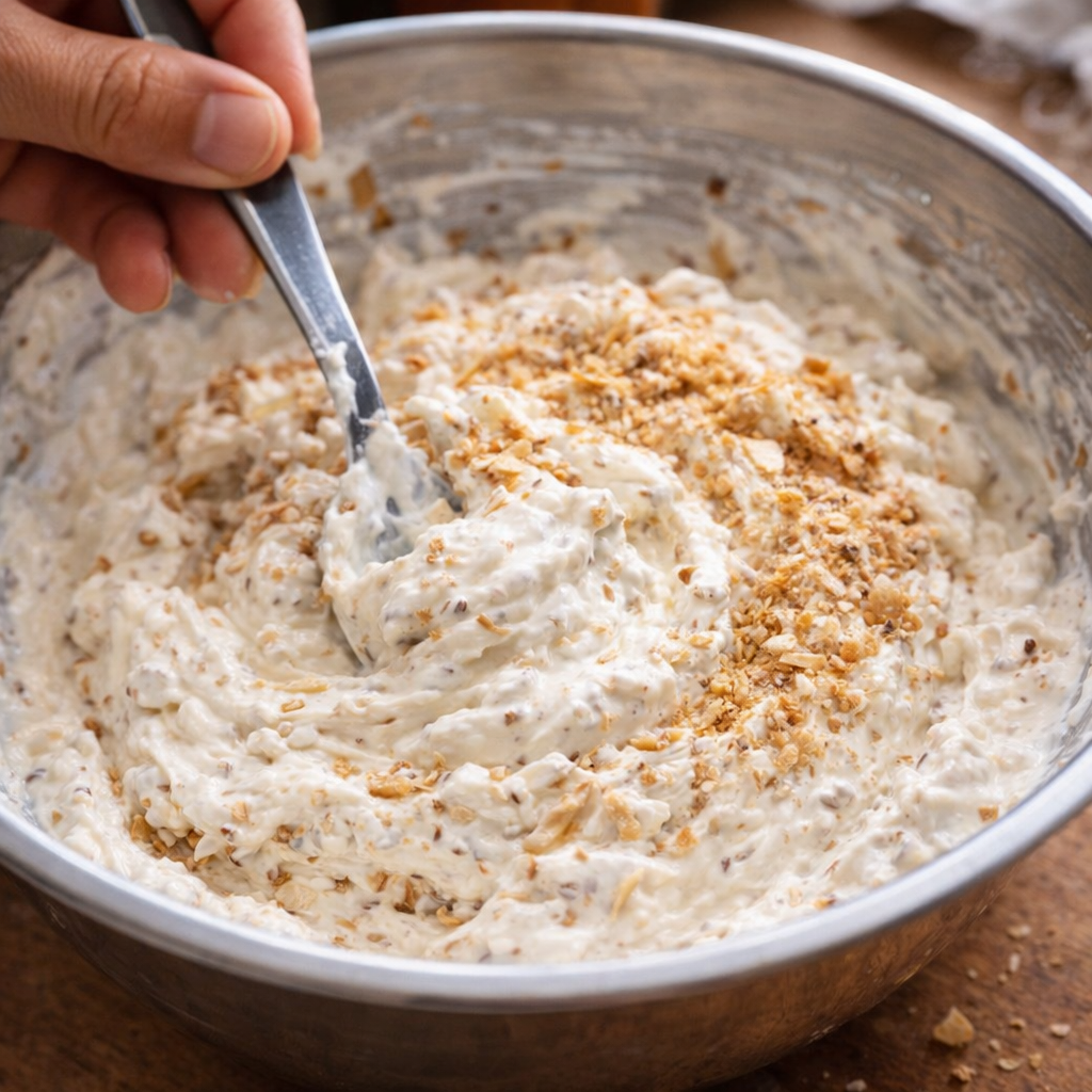 French onion dip being stirred in a mixing bowl