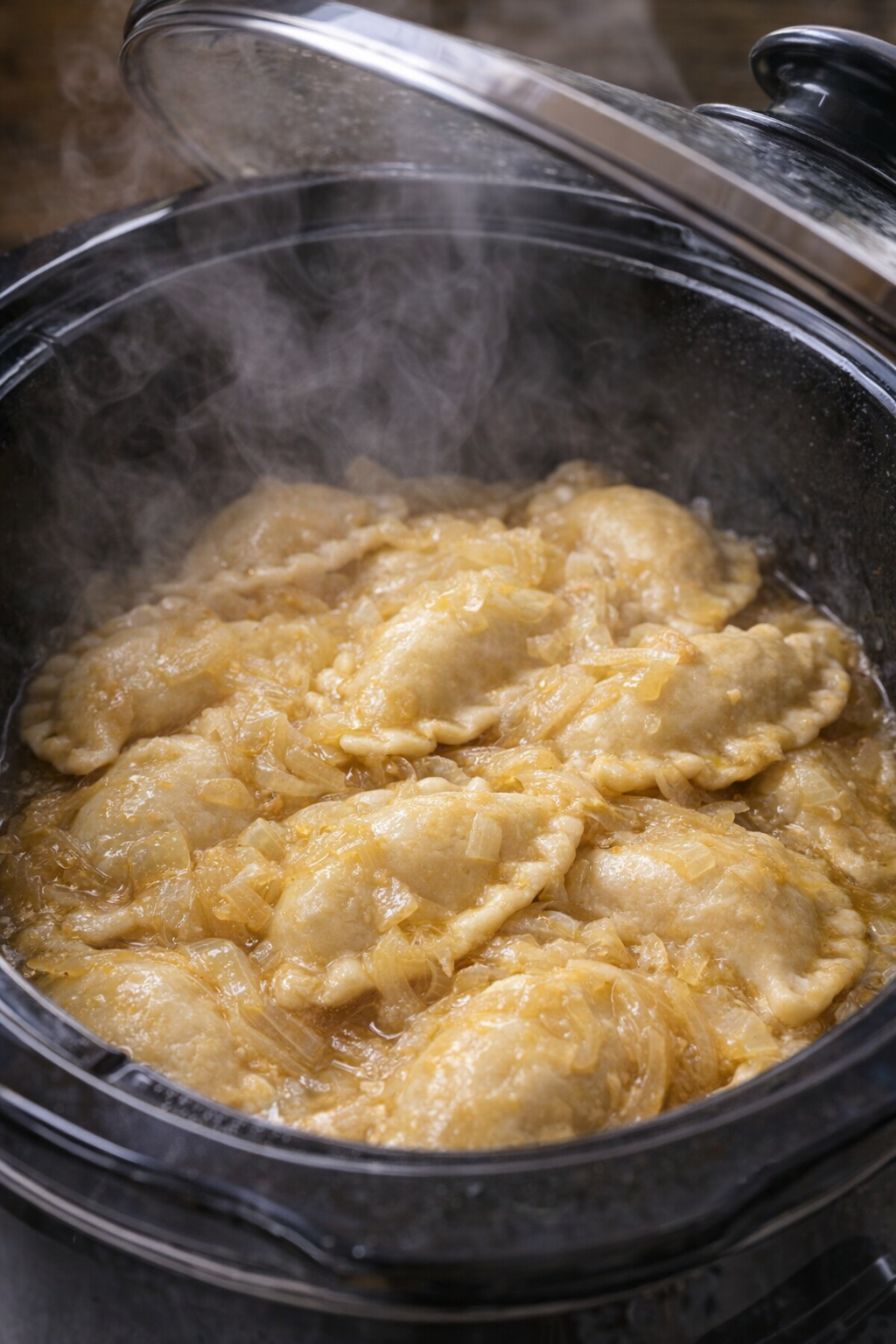 Pierogi and onions cooking in a slow cooker