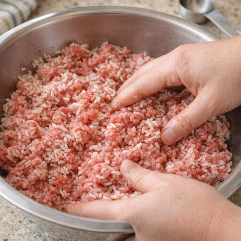 Hands mixing ground beef and rice in a large bowl