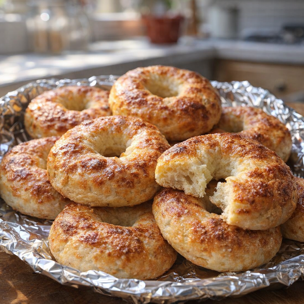 Varme bagte bagels, der afkøles på et fad med folie