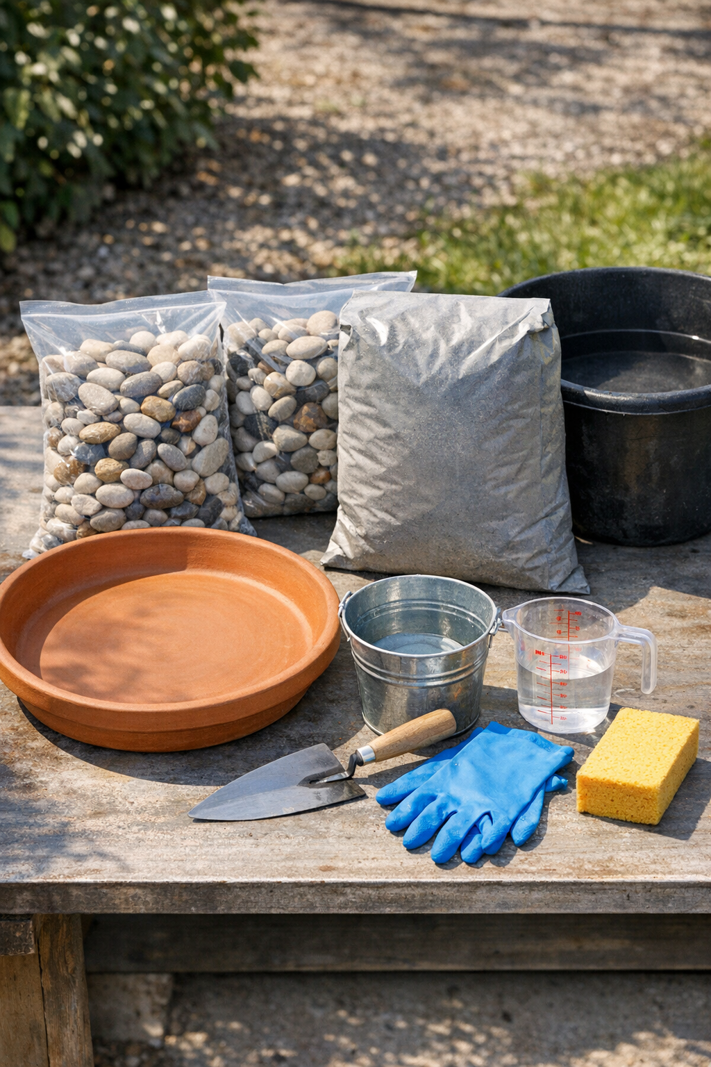 Materials for making a pebble foot wash station laid out on a work surface