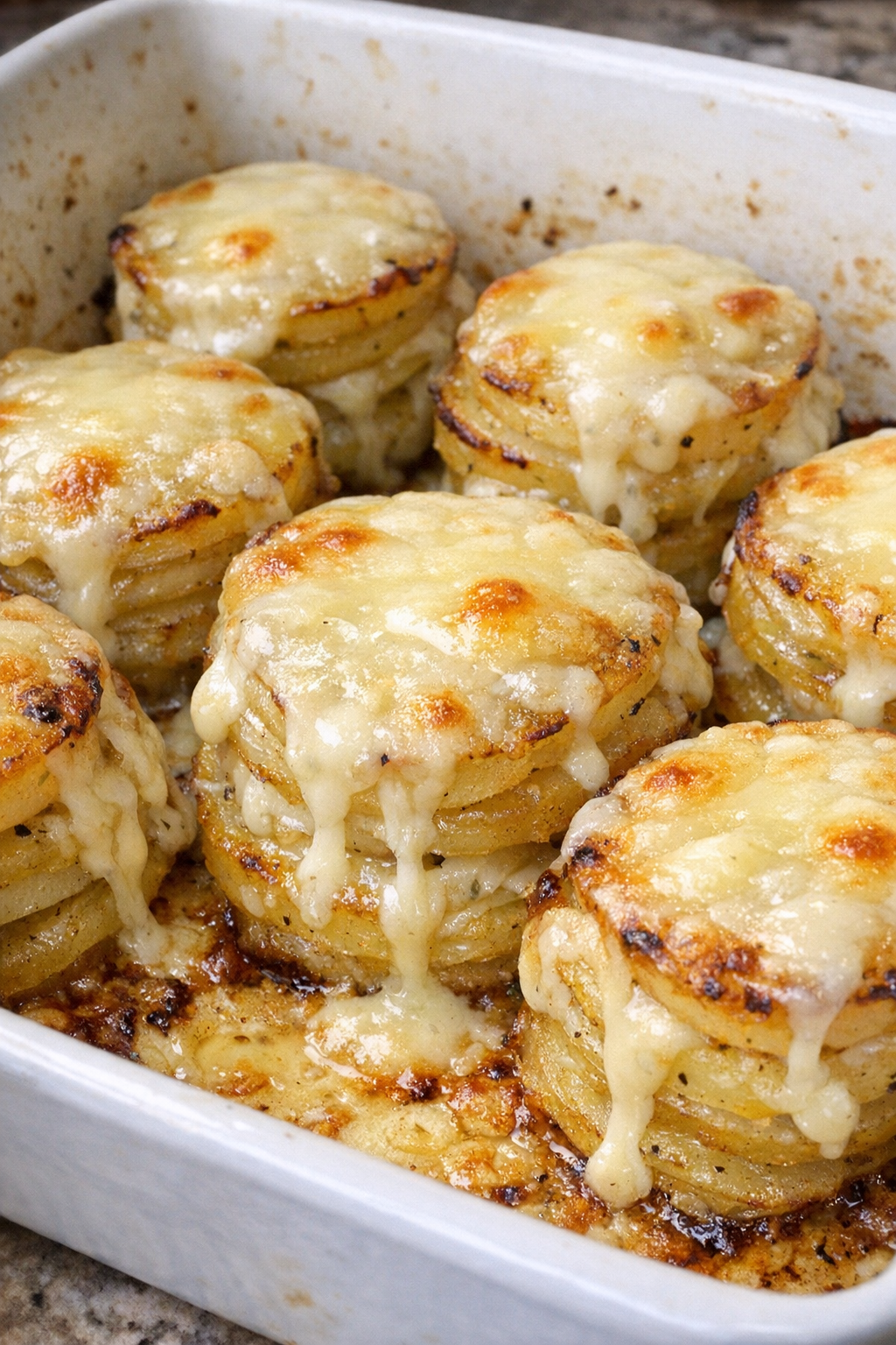 Golden cheesy potato medallion stacks in a baking dish