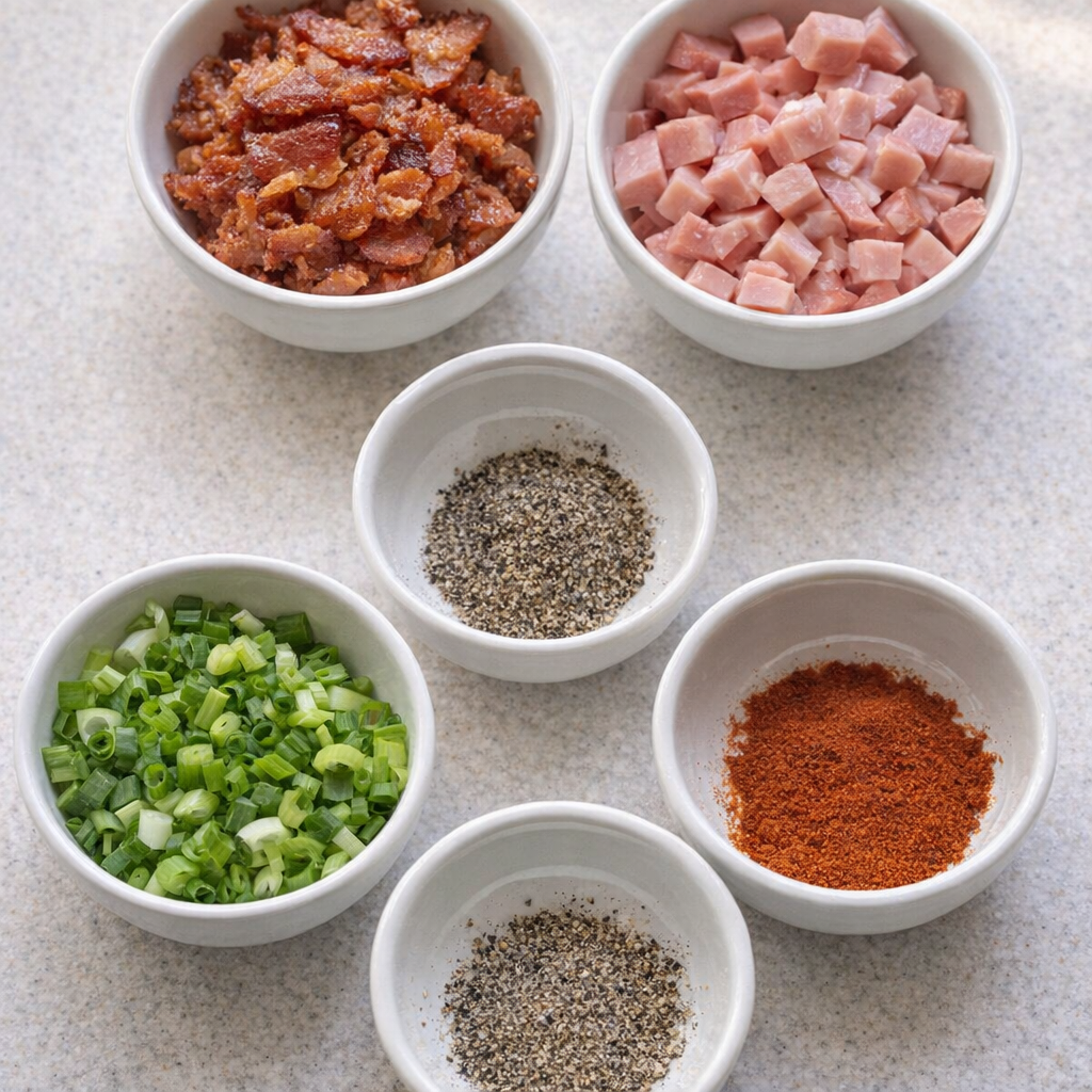 Small bowls of optional add-ins like bacon ham and green onions