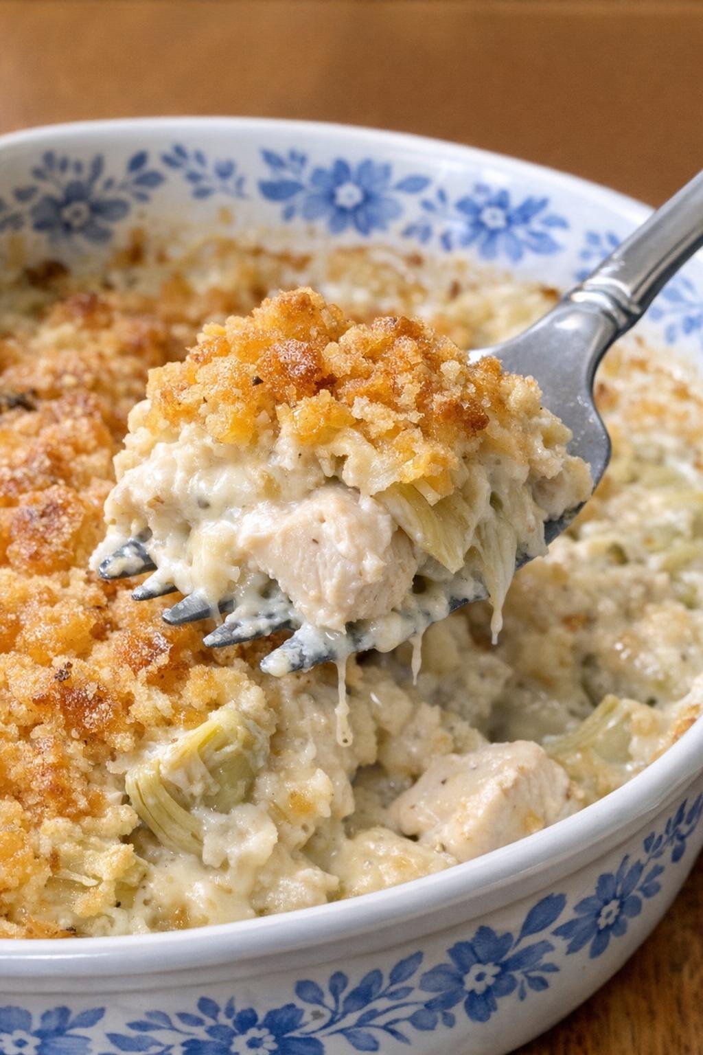 Golden crusted chicken in cream sauce with artichoke hearts in a blue floral casserole dish