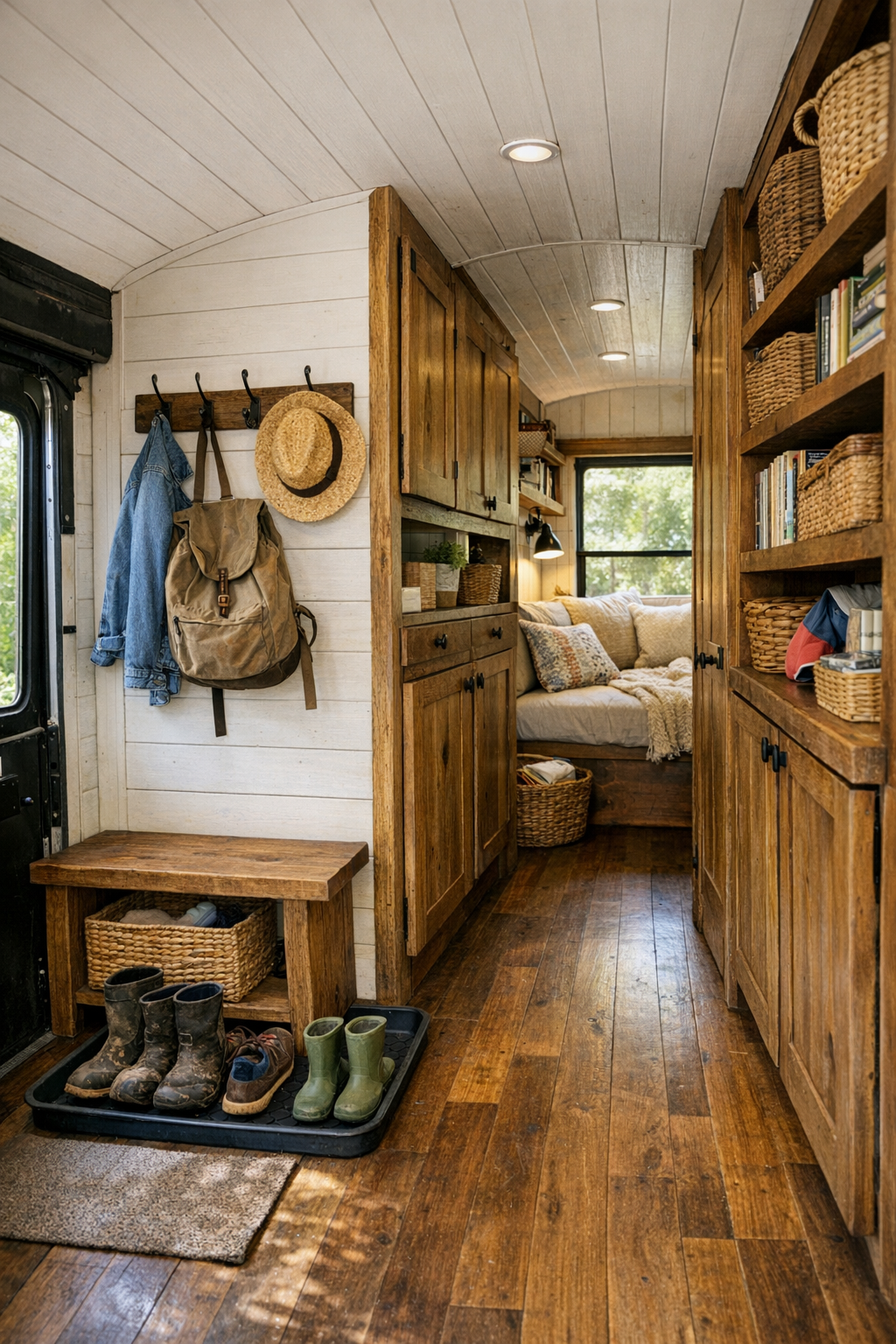 Functional bus entry and hallway with wood storage, hooks, a bench, and a small reading nook