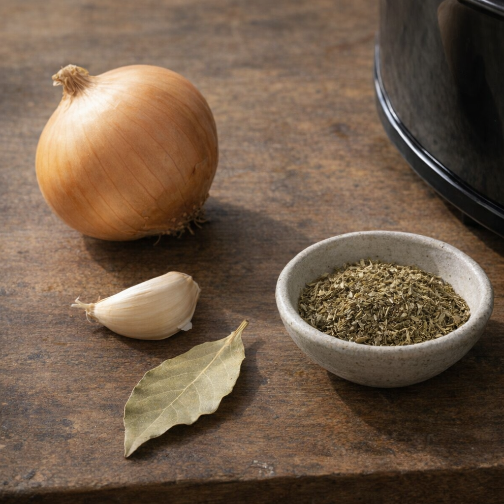 Small pantry ingredients beside the slow cooker