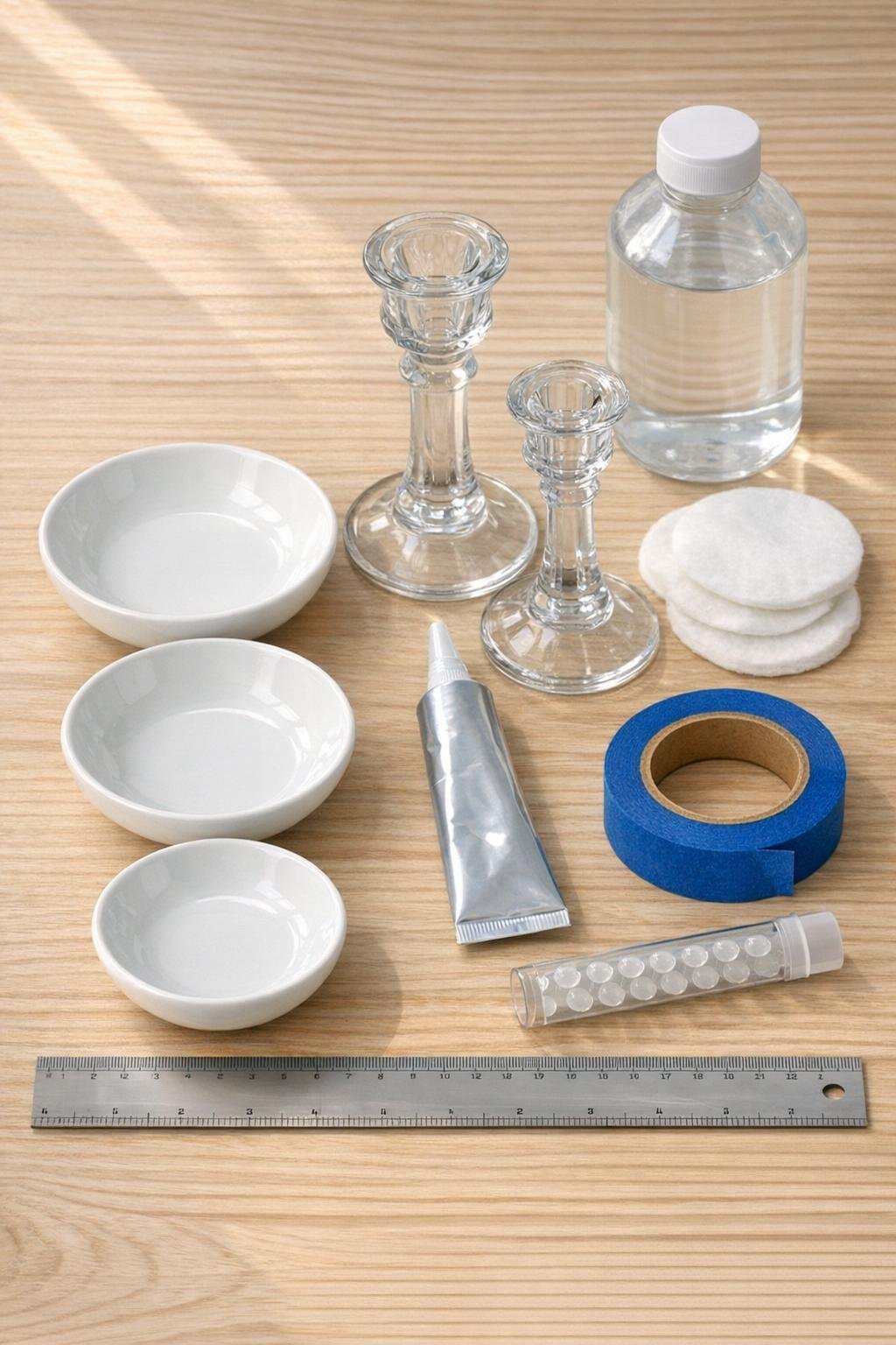 Ceramic dishes, glass candlestick holders, glue, and jewelry tower supplies laid out neatly