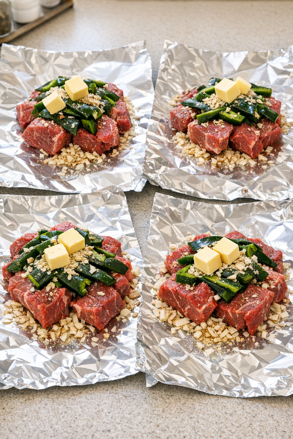 Beef, poblano, soup mix, and butter portioned on foil sheets