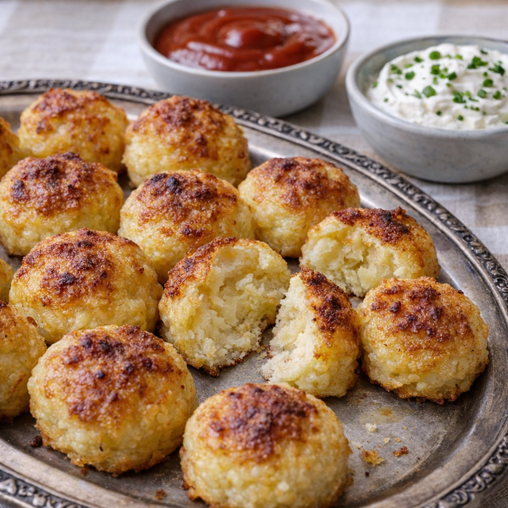Potato puffs served with kid-friendly and grown-up dips