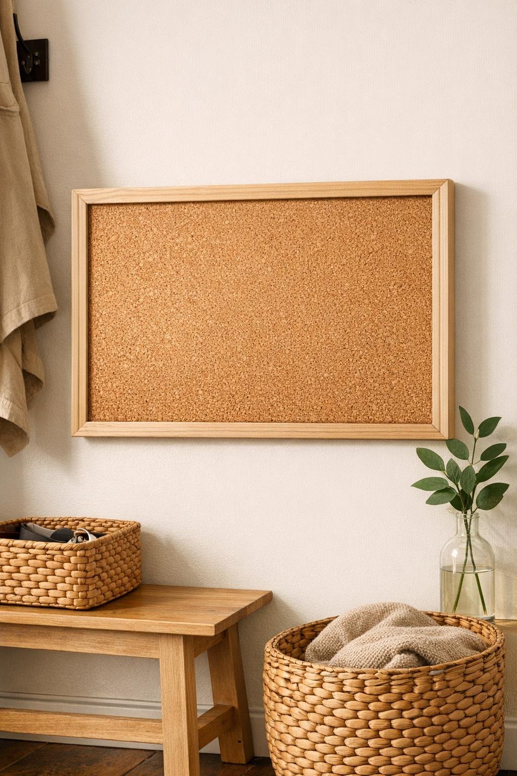Finished framed corkboard entryway organizer with hidden canvas zipper pouch storage