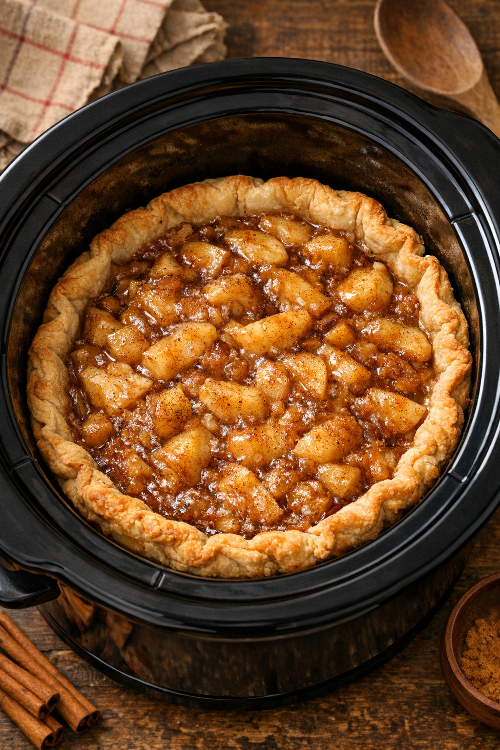 Cooked apple pie dessert in slow cooker