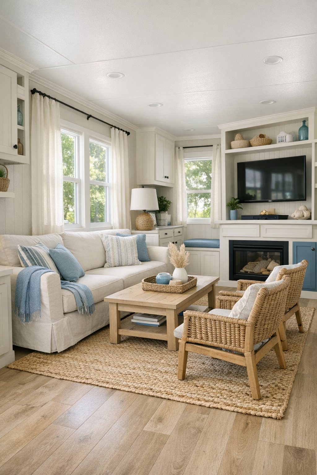 Coastal living room with soft blue accents, woven textures, and bright white trim