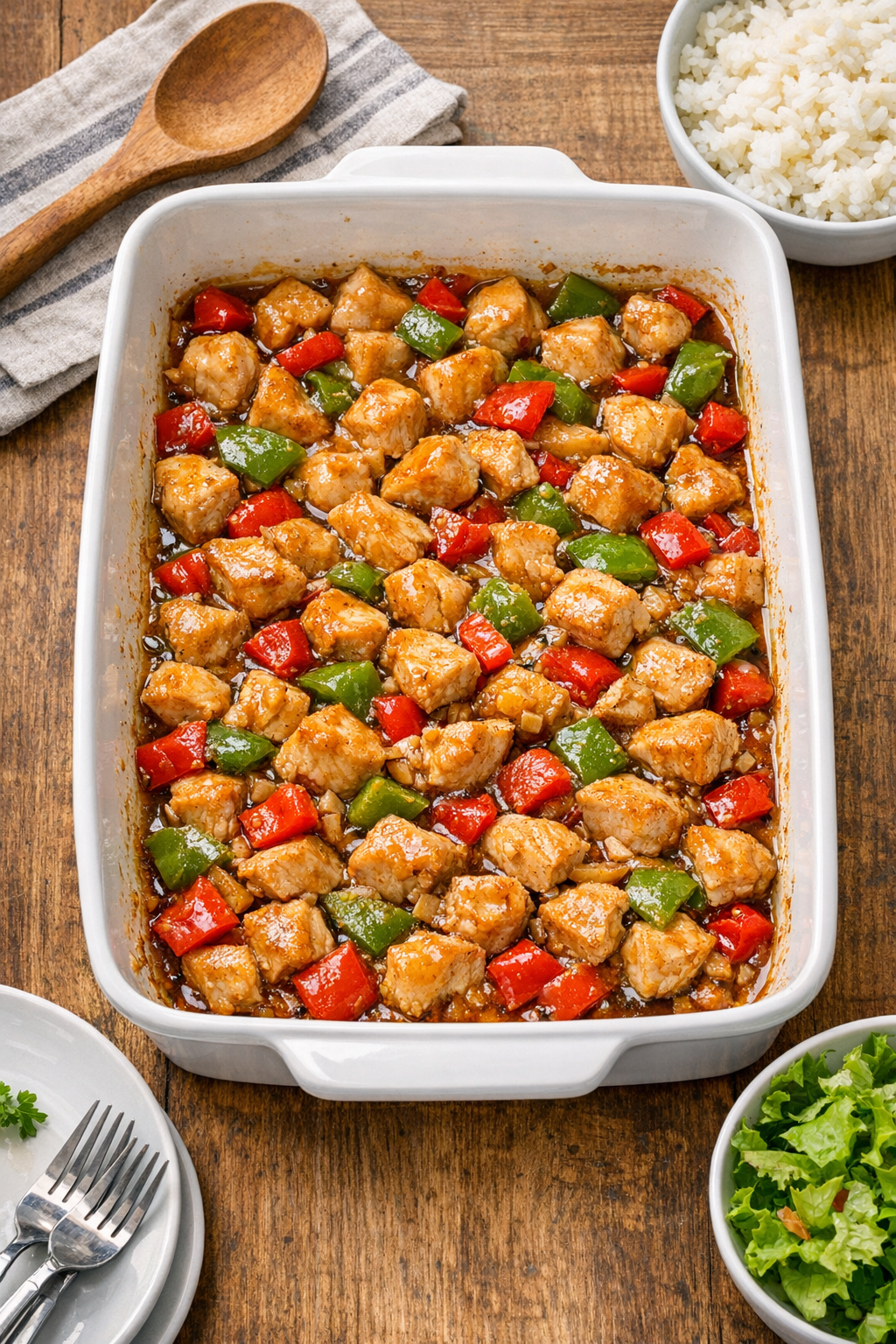 Finished baked chicken and peppers in a ceramic baking dish