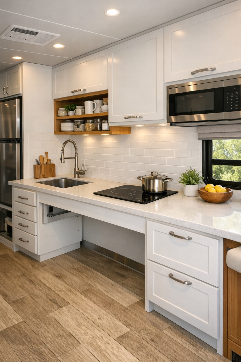 Accessible RV kitchen with white cabinetry and pale counters