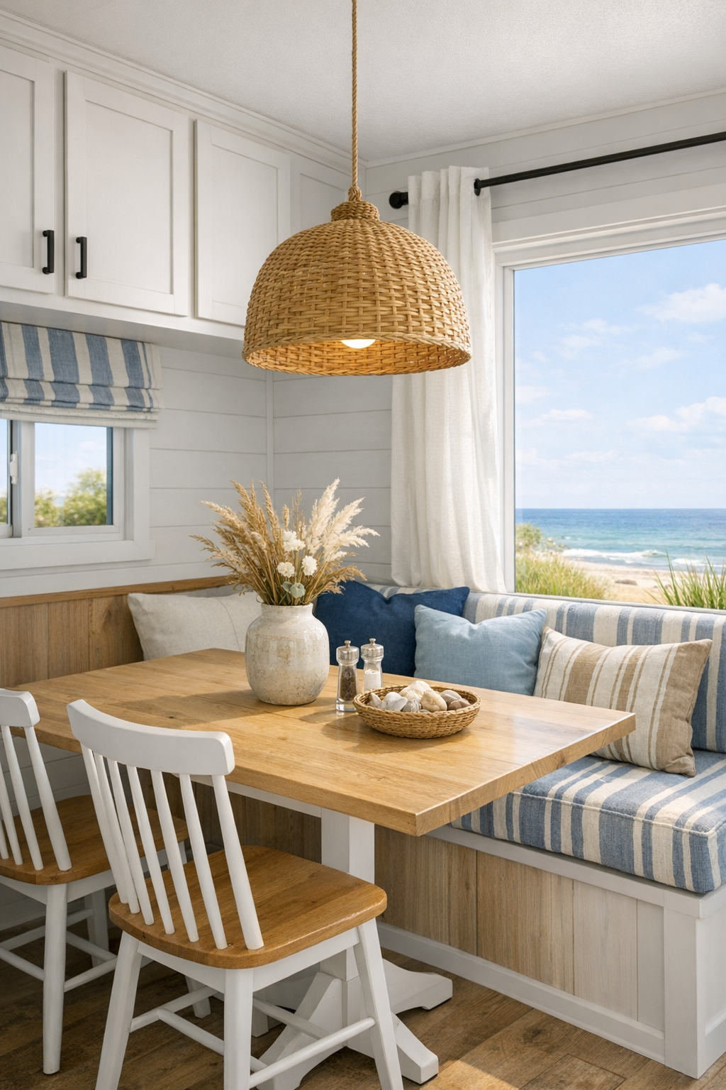Small coastal dining area with a light wood table, simple chairs, and soft natural light