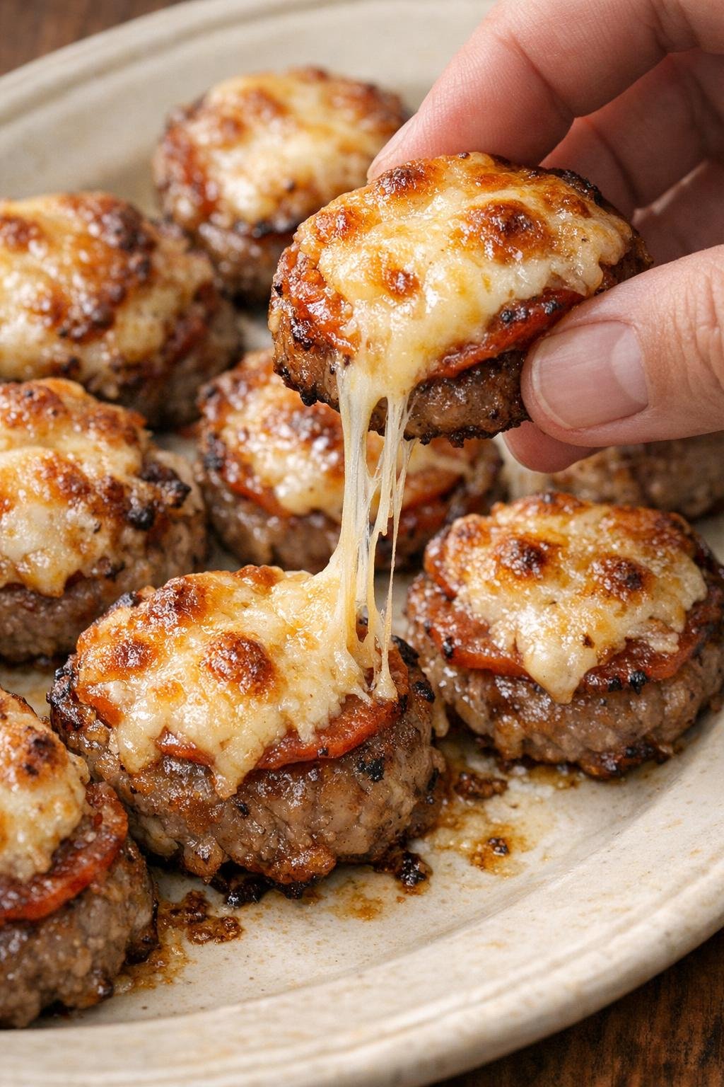 Low carb sausage pembroke bites with melted cheese pull