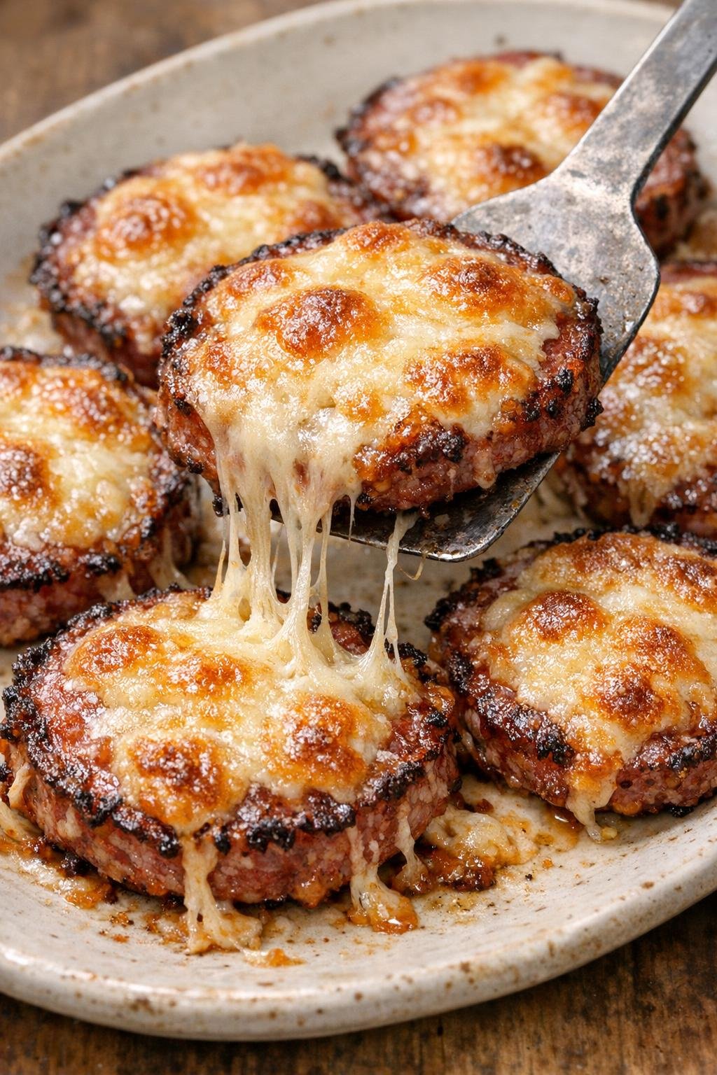 Low carb salami patties with melted cheese on a serving platter