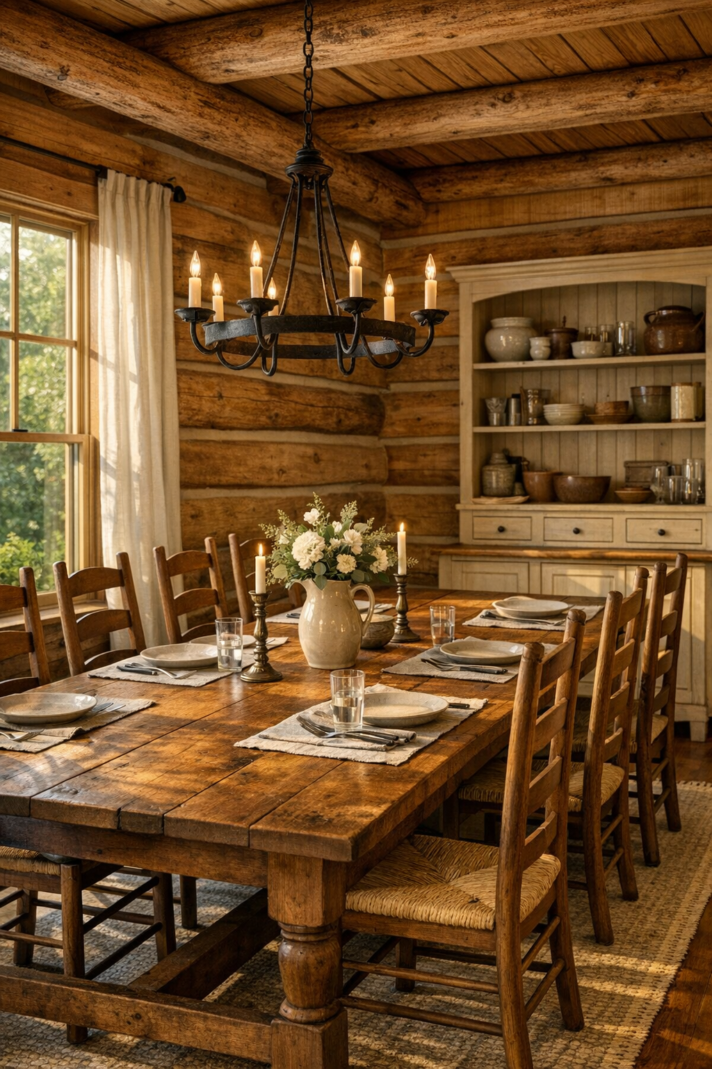 Classic dining room with a long solid-wood table and Amish-crafted chairs