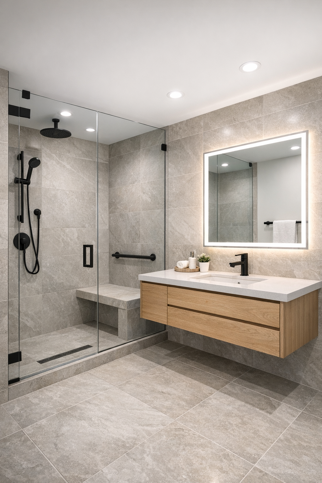 Accessible bathroom with curbless shower and light oak vanity
