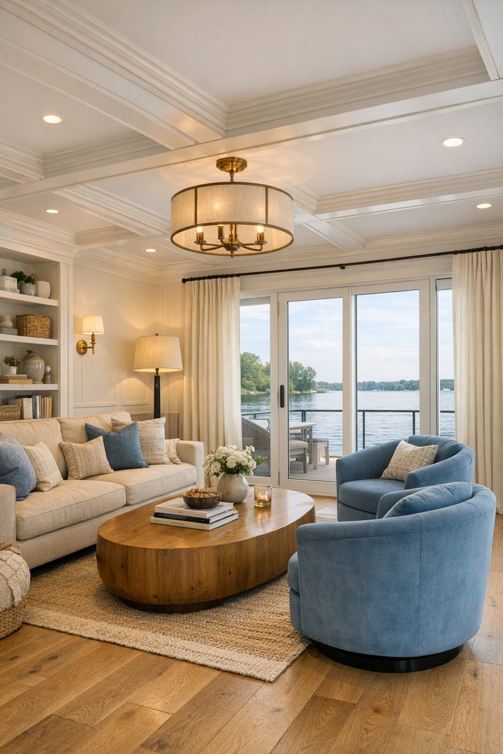 Bright living room with colonial details, white oak floors, and soft blue seating