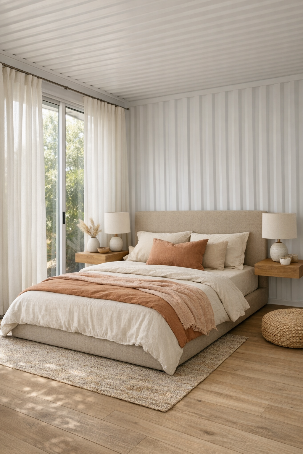 Calm bedroom with sand linen headboard, oak nightstands, and layered peach-toned bedding