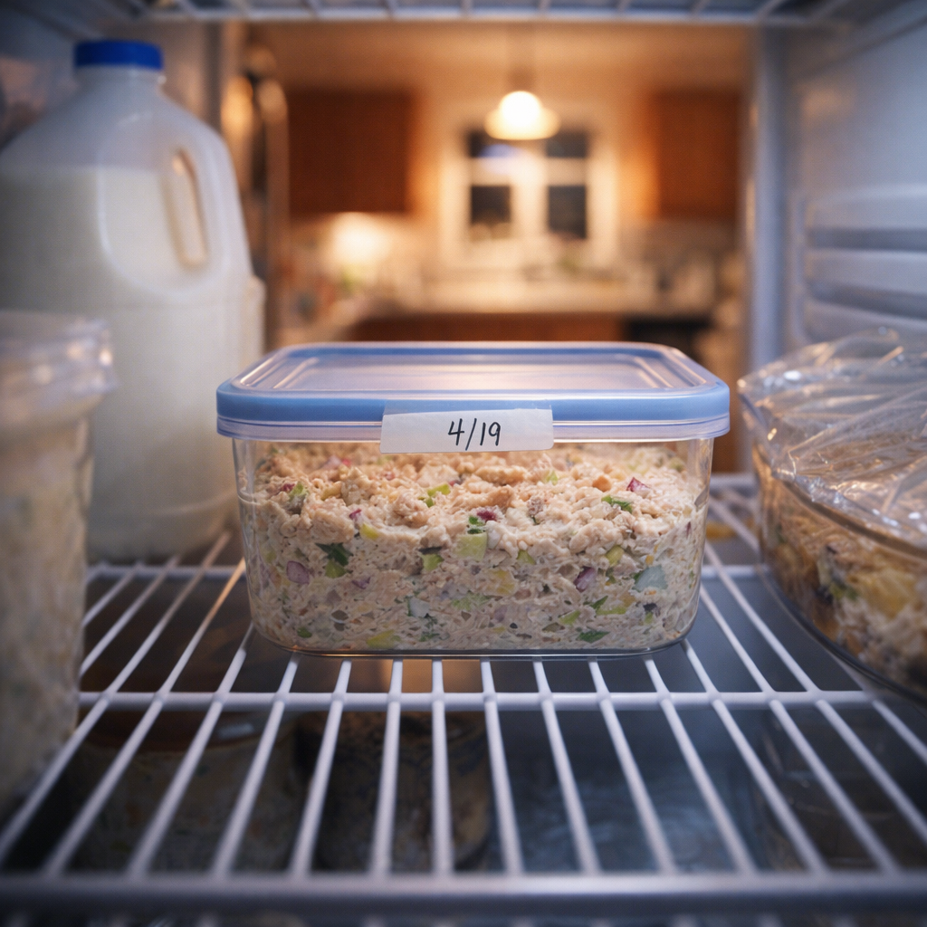 Tuna salad stored in an airtight container inside a refrigerator