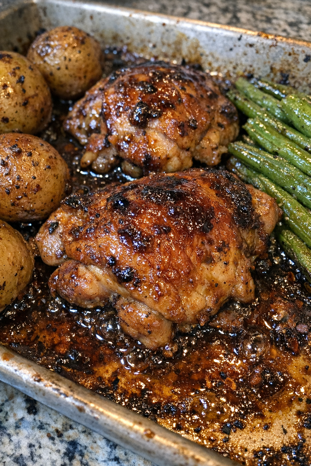 Glistening roasted dish with sticky caramelized glaze in a metal baking sheet