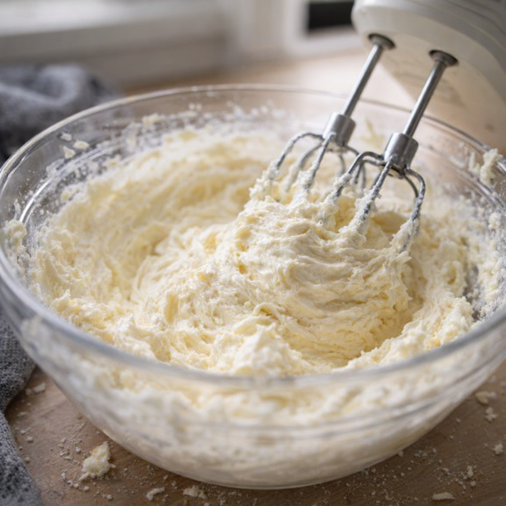 Butter and cream cheese being mixed in a bowl
