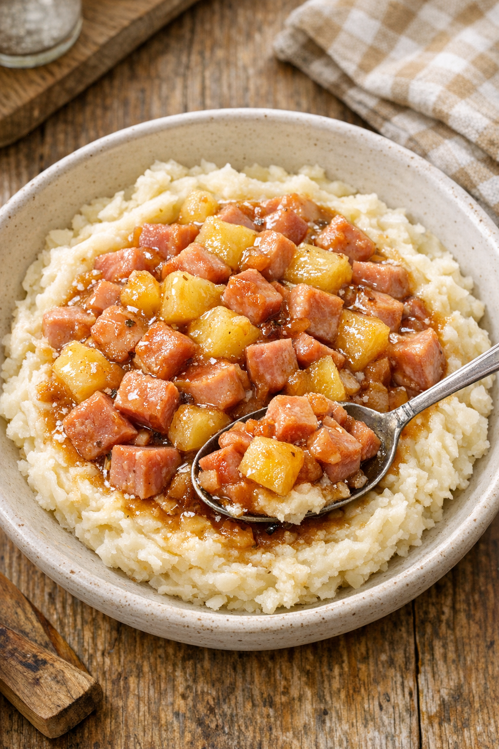 Finished slow cooker vintage ham served in a bowl