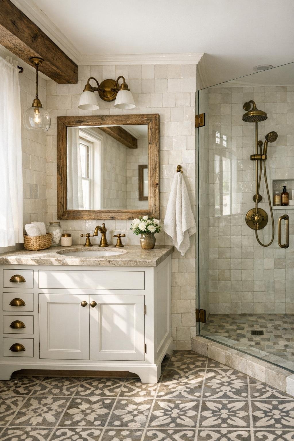 Warm neutral bathroom with tiled walls, brass fixtures, and a white vanity