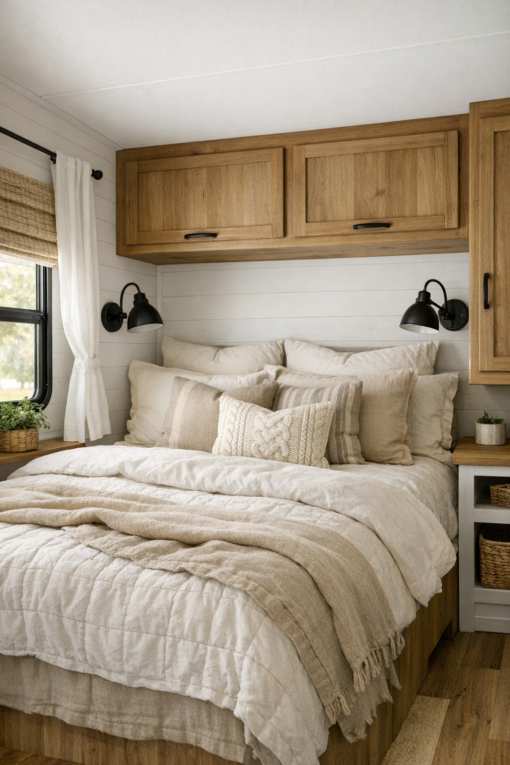 Serene modern farmhouse RV bedroom with layered neutral bedding and wood accents