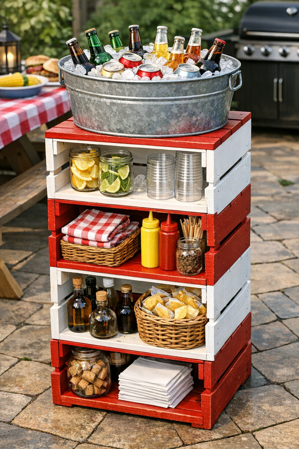 Finished outdoor drink dispenser stand with painted crates and galvanized bucket insert