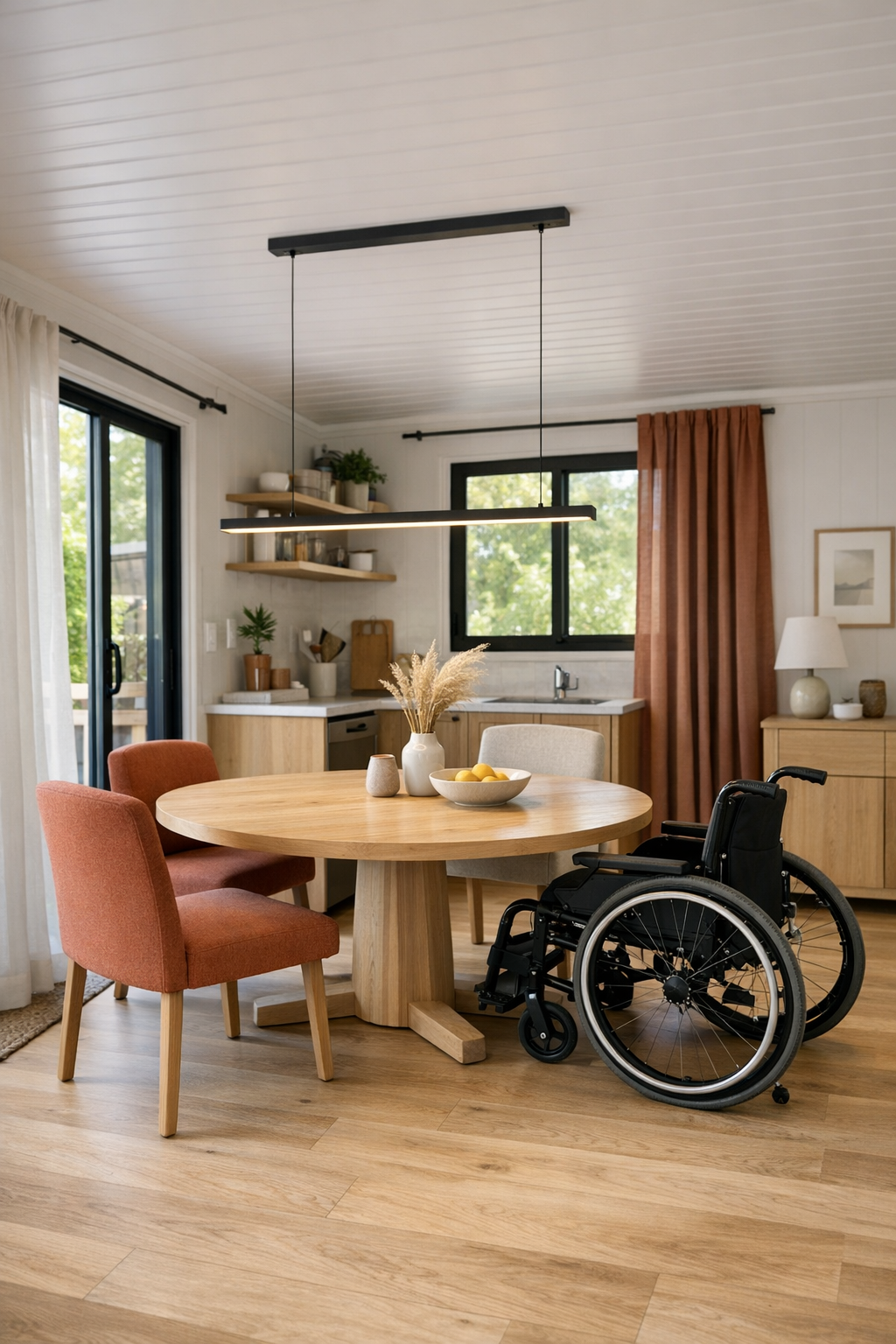 Accessible dining room with round wood table and warm rust accents